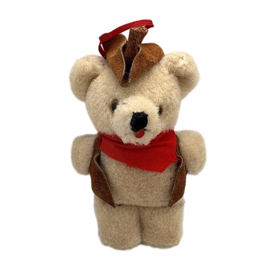 Vintage Cowboy Teddy Bear Ornament Felt Hat & Vest Red Bandana, 5" Plush Western